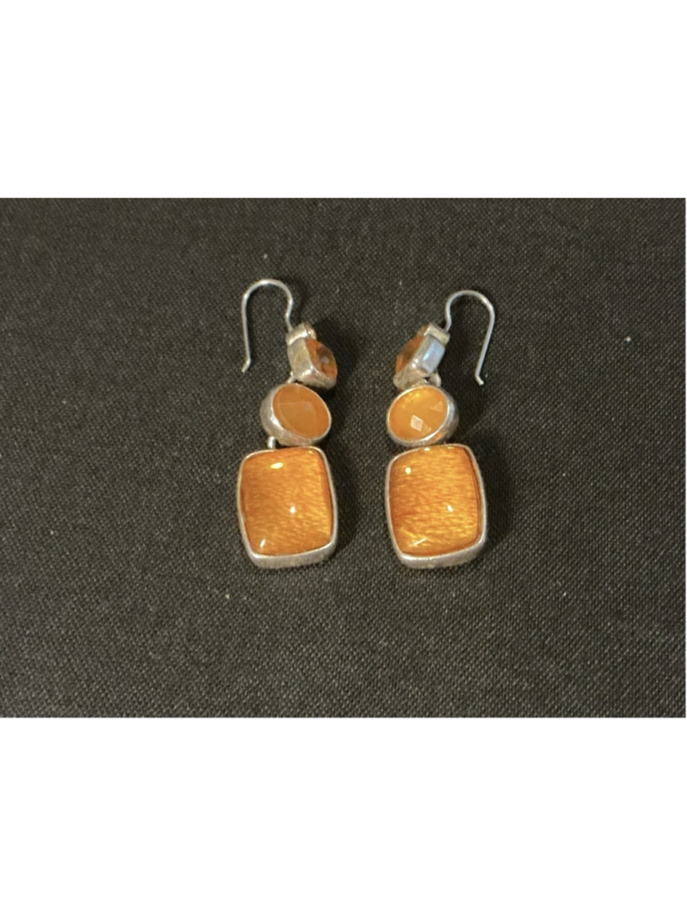 Vintage Signed LC Liz Claiborne Faux Carnelian Amber Glass Dangle Earrings.